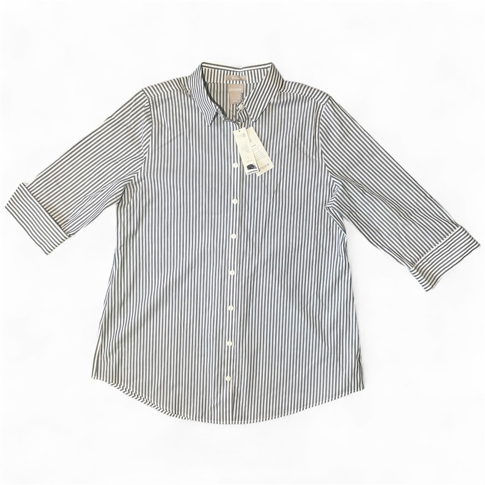 Chico's No Iron Easy Cotton White Navy Striped Button Down Shirt 3/4 Sleeve Sz 1